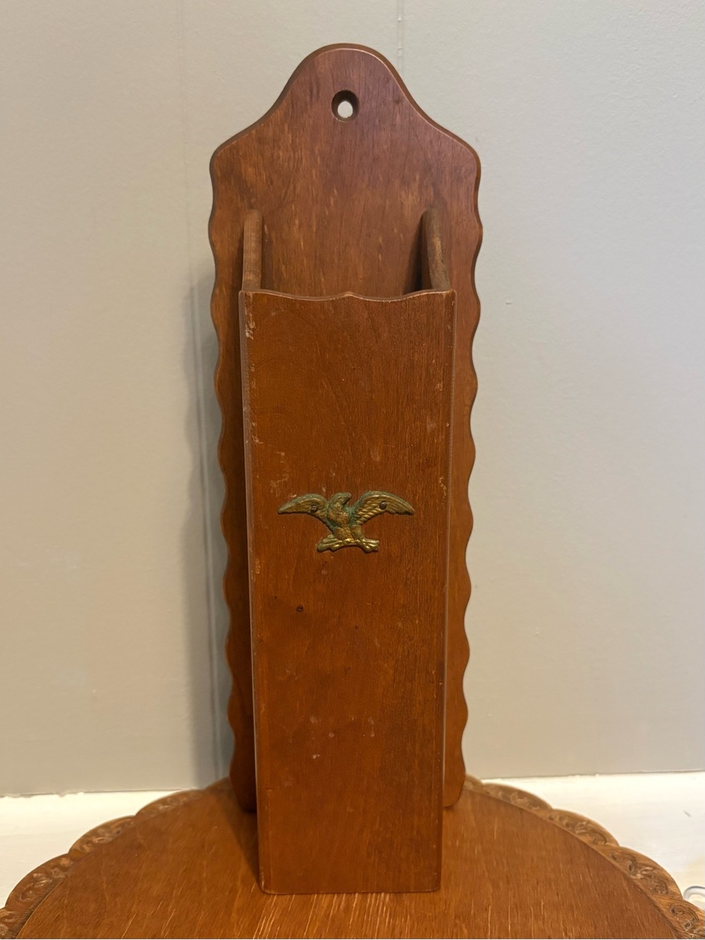 Vintage Wooden Wall Pocket/large match holder with Eagle Accent - Brown
